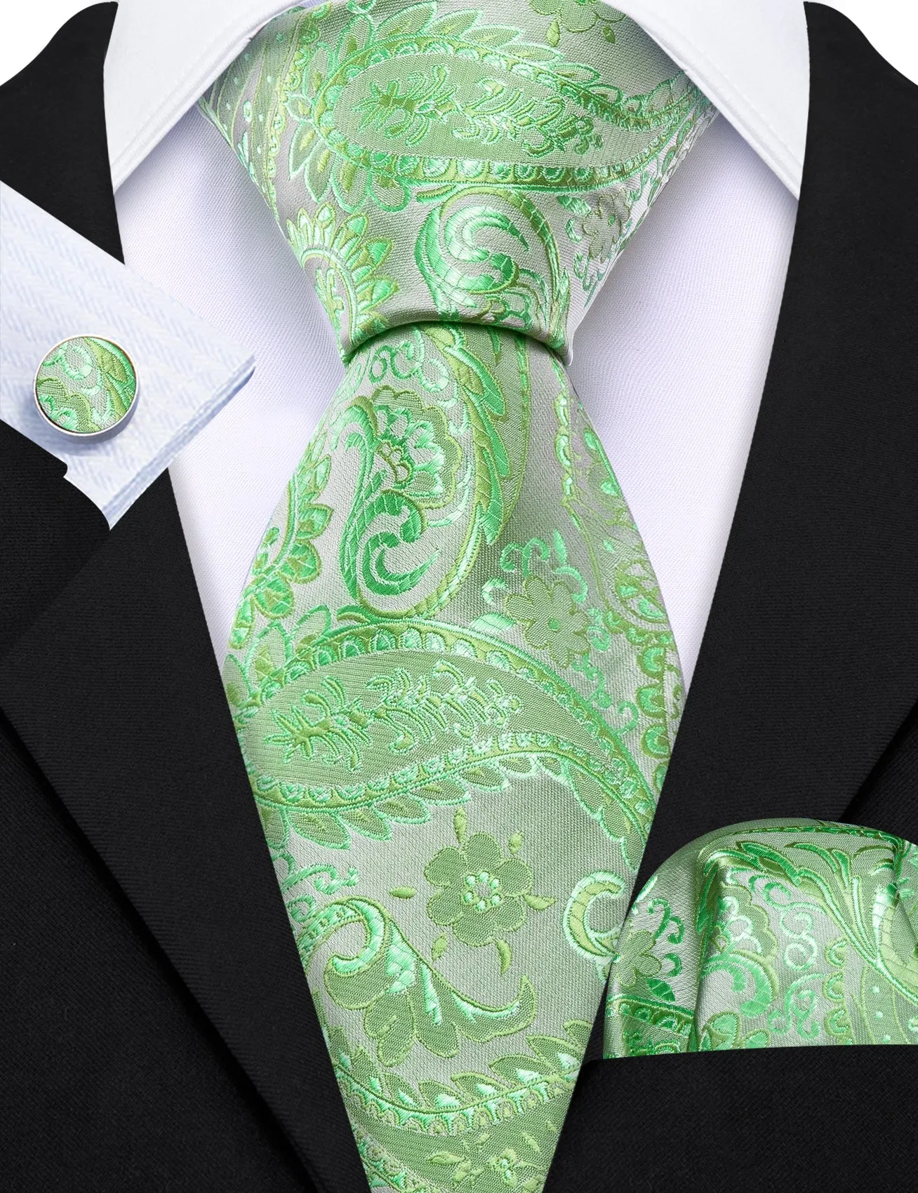 Green Paisley Flower Silk Necktie Pocket Square Cufflinks Set sold by Ties2You product image thumbnail 3