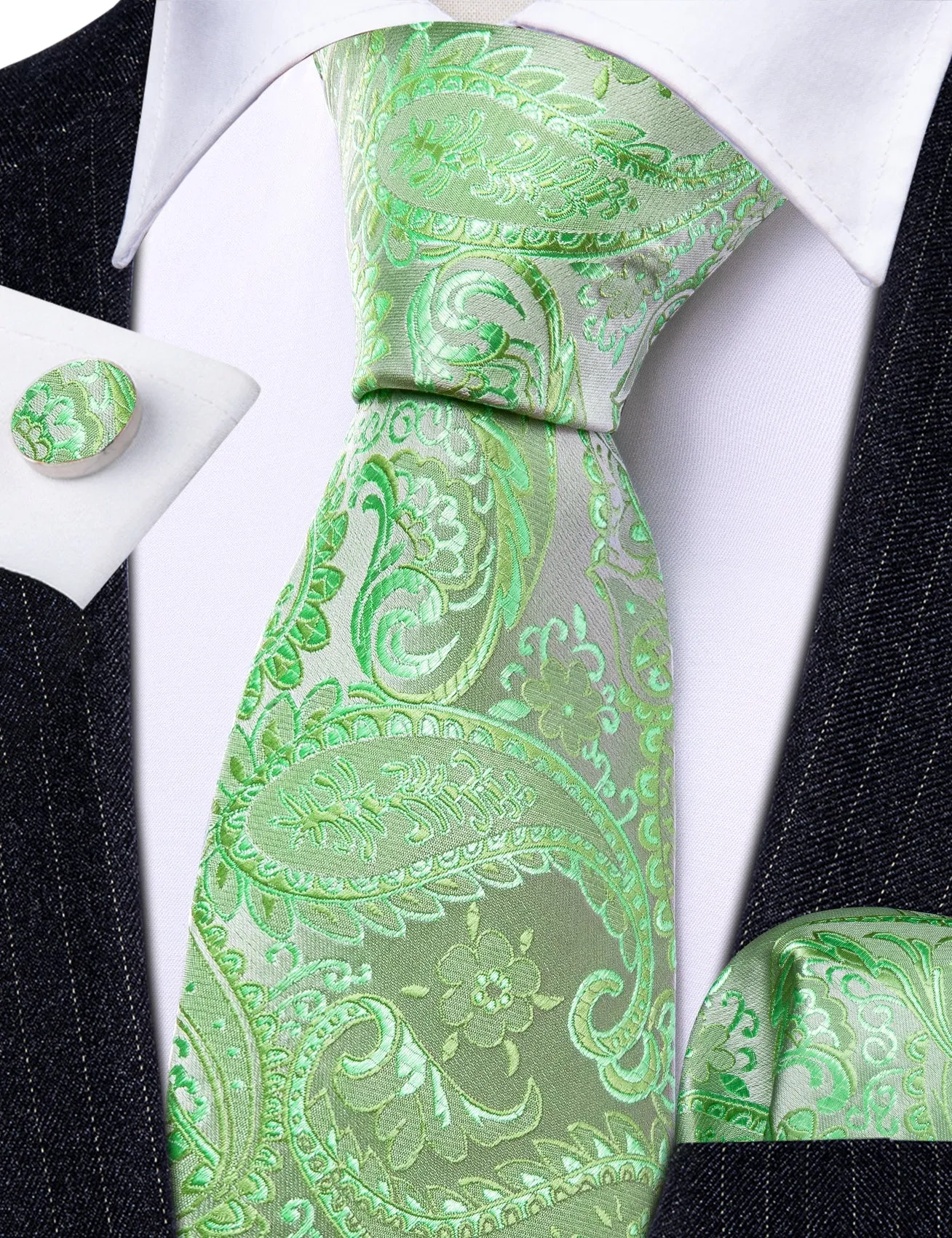 Green Paisley Flower Silk Necktie Pocket Square Cufflinks Set sold by Ties2You product image thumbnail 4