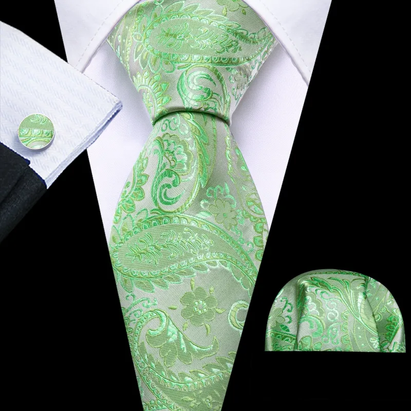 Green Paisley Flower Silk Necktie Pocket Square Cufflinks Set sold by Ties2You