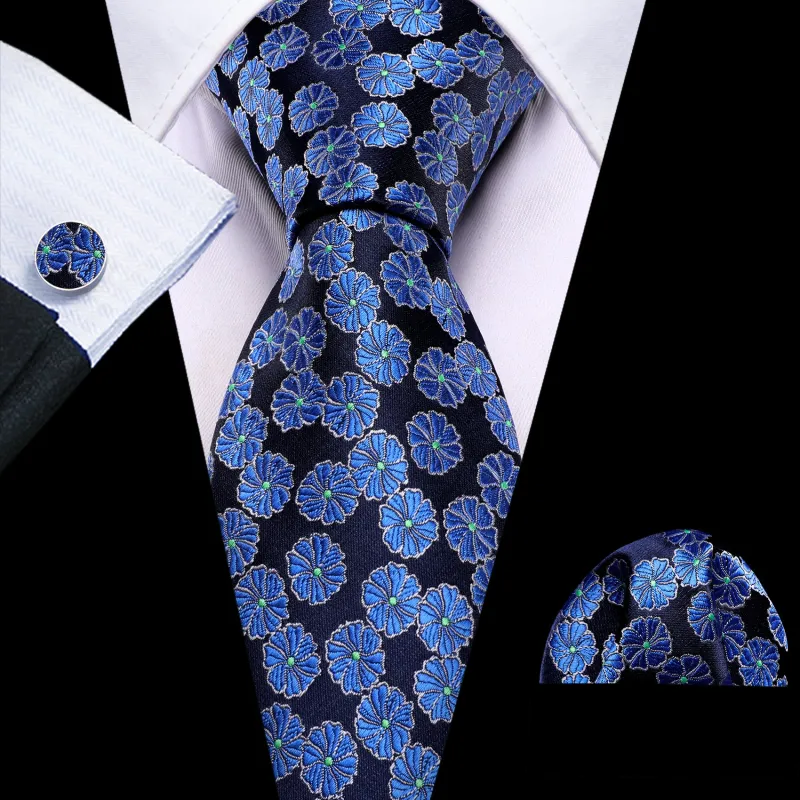 Blue Black Floral Silk Tie Pocket Square Cufflinks Set sold by Ties2You