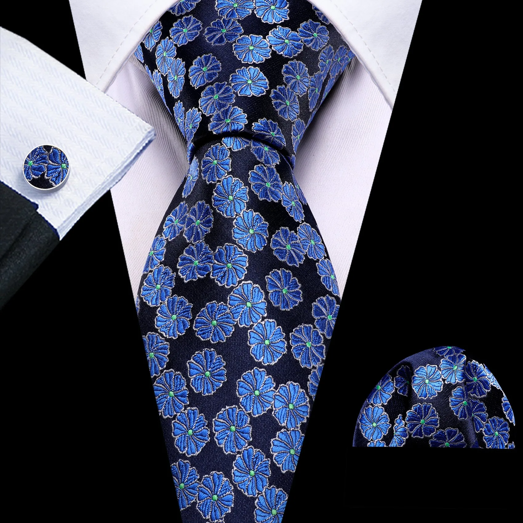 Blue Black Floral Silk Tie Pocket Square Cufflinks Set sold by Ties2You