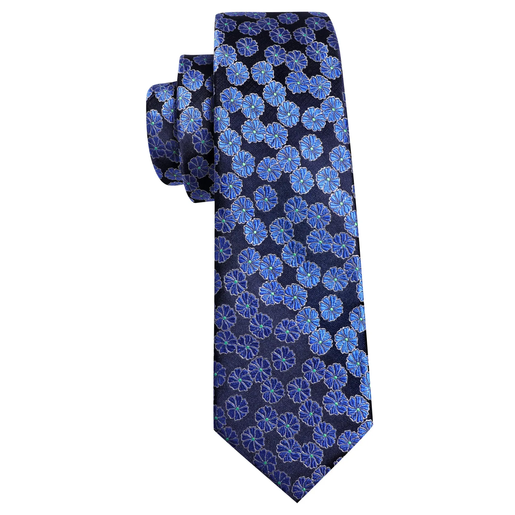 Blue Black Floral Silk Tie Pocket Square Cufflinks Set sold by Ties2You product image thumbnail 3