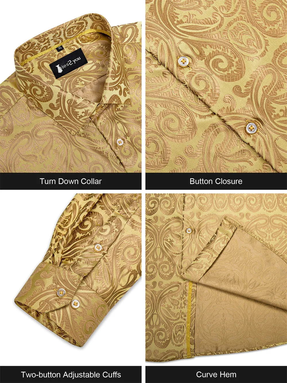 Ties2you Champagne Gold Paisley Button Up Silk Long Sleeve Men's Shirt sold by Ties2You product image thumbnail 4