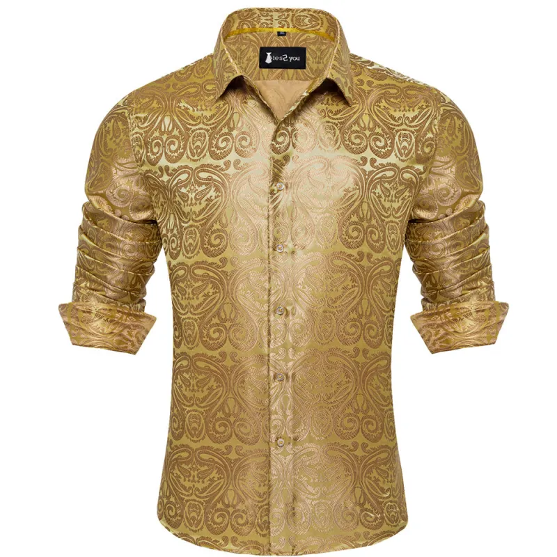 Ties2you Champagne Gold Paisley Button Up Silk Long Sleeve Men's Shirt sold by Ties2You