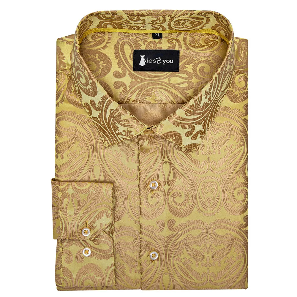 Ties2you Champagne Gold Paisley Button Up Silk Long Sleeve Men's Shirt sold by Ties2You product image thumbnail 5