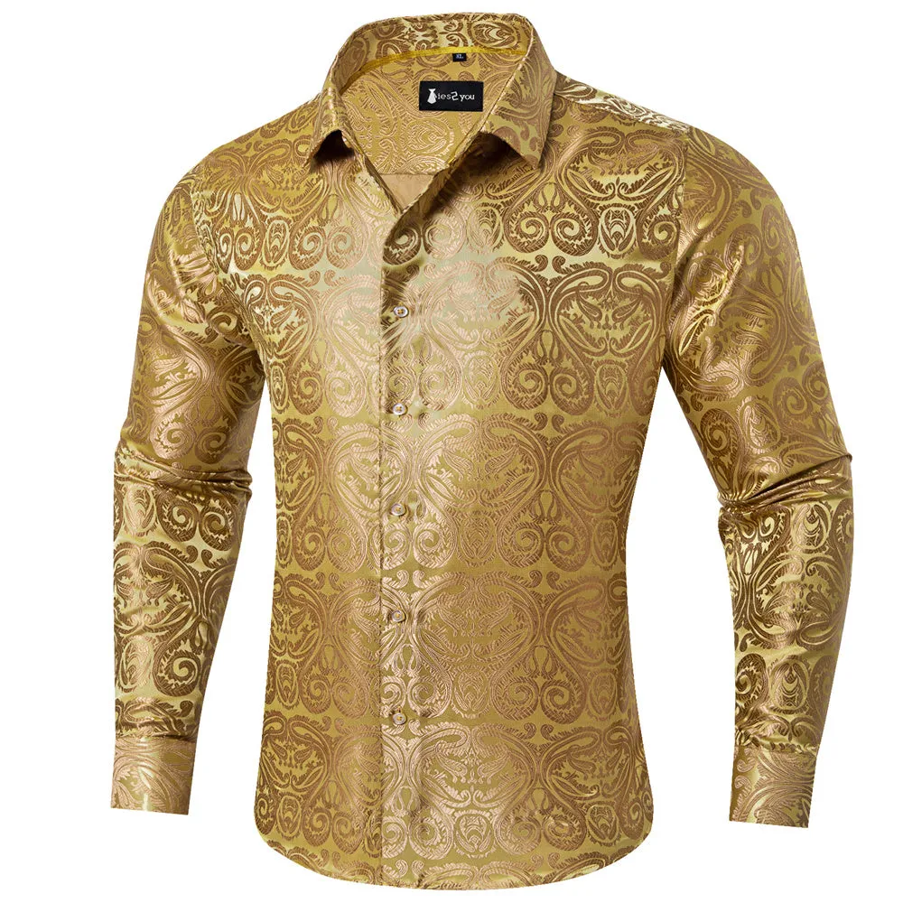 Ties2you Champagne Gold Paisley Button Up Silk Long Sleeve Men's Shirt sold by Ties2You product image thumbnail 2