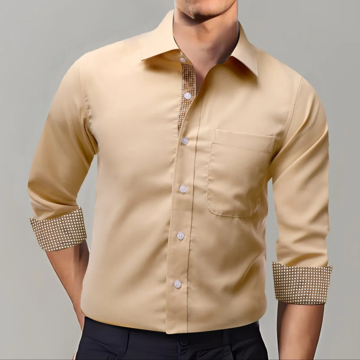 Ties2you Splicing Style Champagne With Polka Dot Edge Men's Long Sleeve Shirt sold by Ties2You