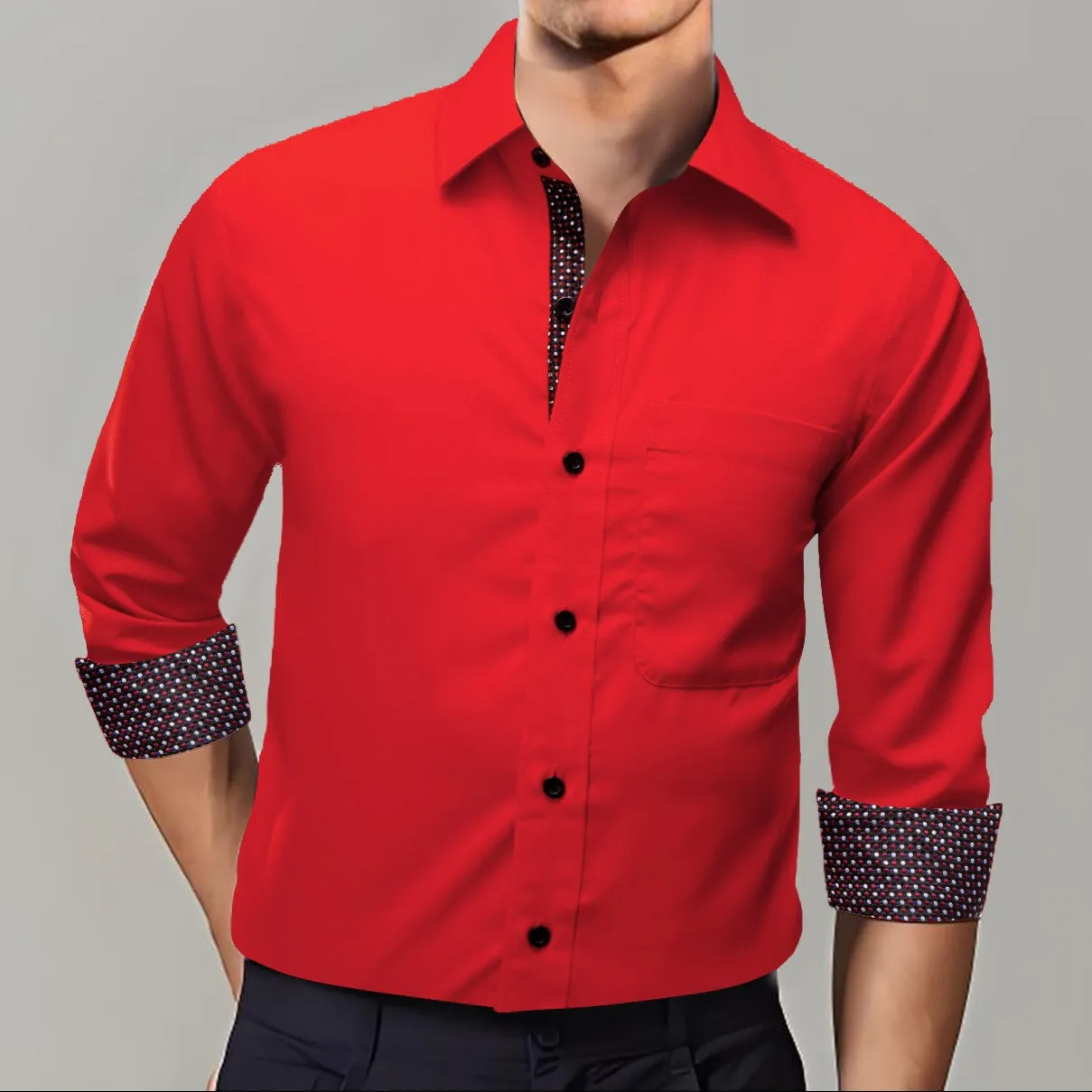 Ties2you Splicing Style Red With Polka Dot Edge Men's Long Sleeve Shirt sold by Ties2You
