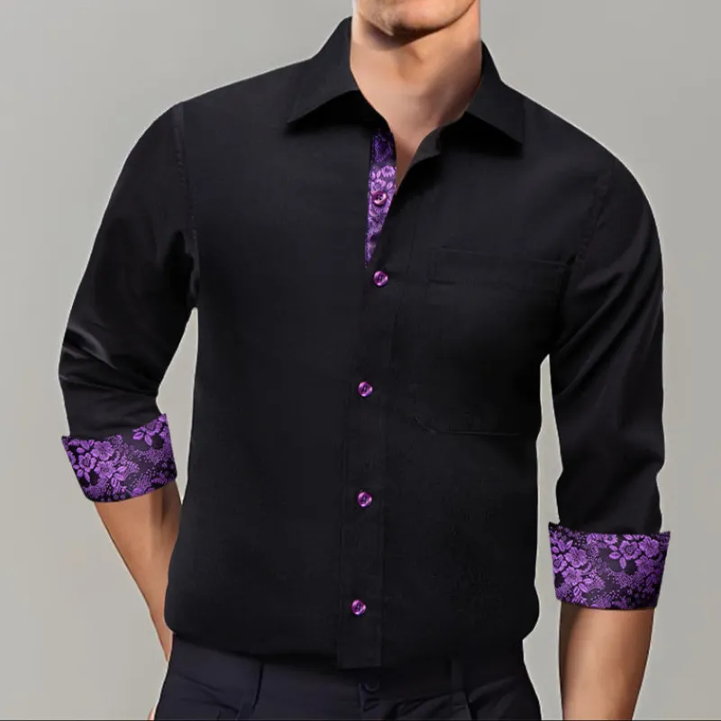 Ties2you Black Solid Splicing Purple Floral Silk Mens Long Sleeve Shirt sold by Ties2You