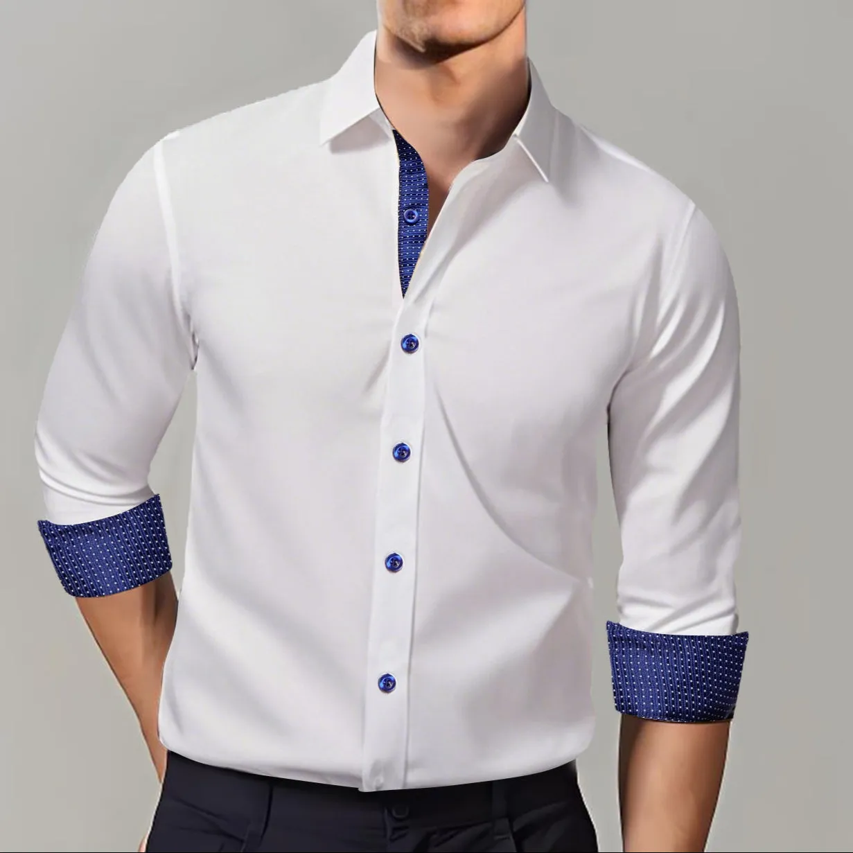 Ties2you Splicing Style White with Blue Edge Men's Long Sleeve Shirt sold by Ties 2 You
