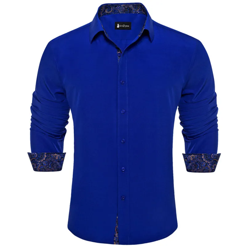 Ties2you Splicing Style Royal Blue With Gold Paisley Edge Men's Long Sleeve Shirt sold by Ties2You