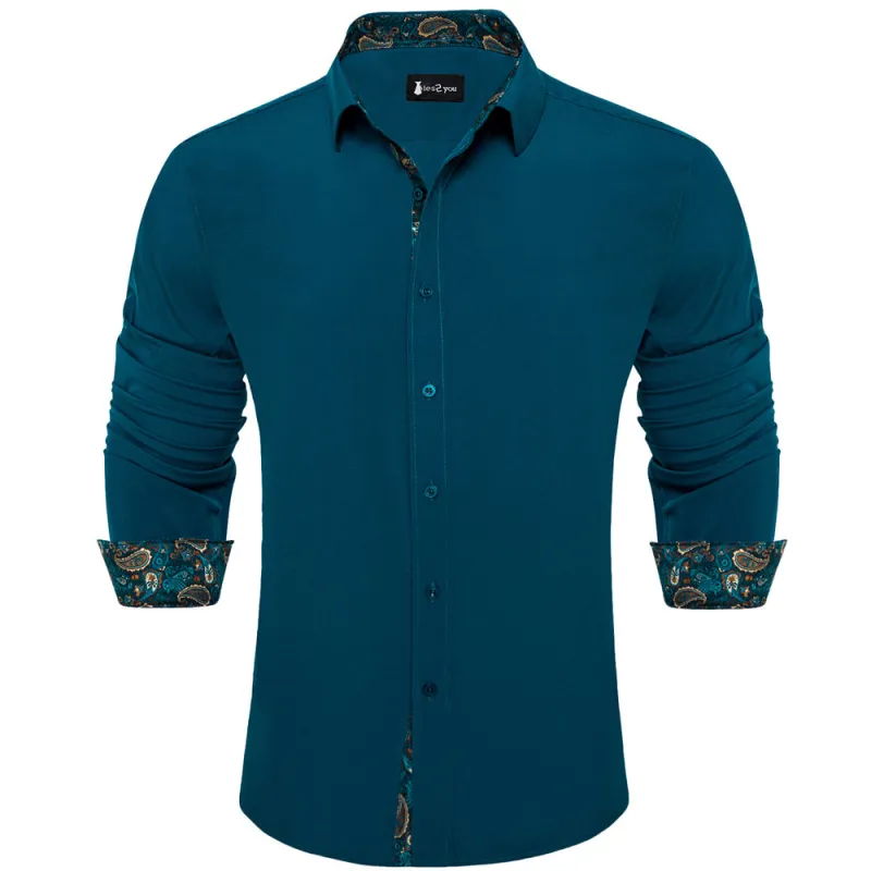 Ties2you Splicing Style Prussian Blue With Gold Paisley Edge Men's Long Sleeve Shirt sold by Ties2You