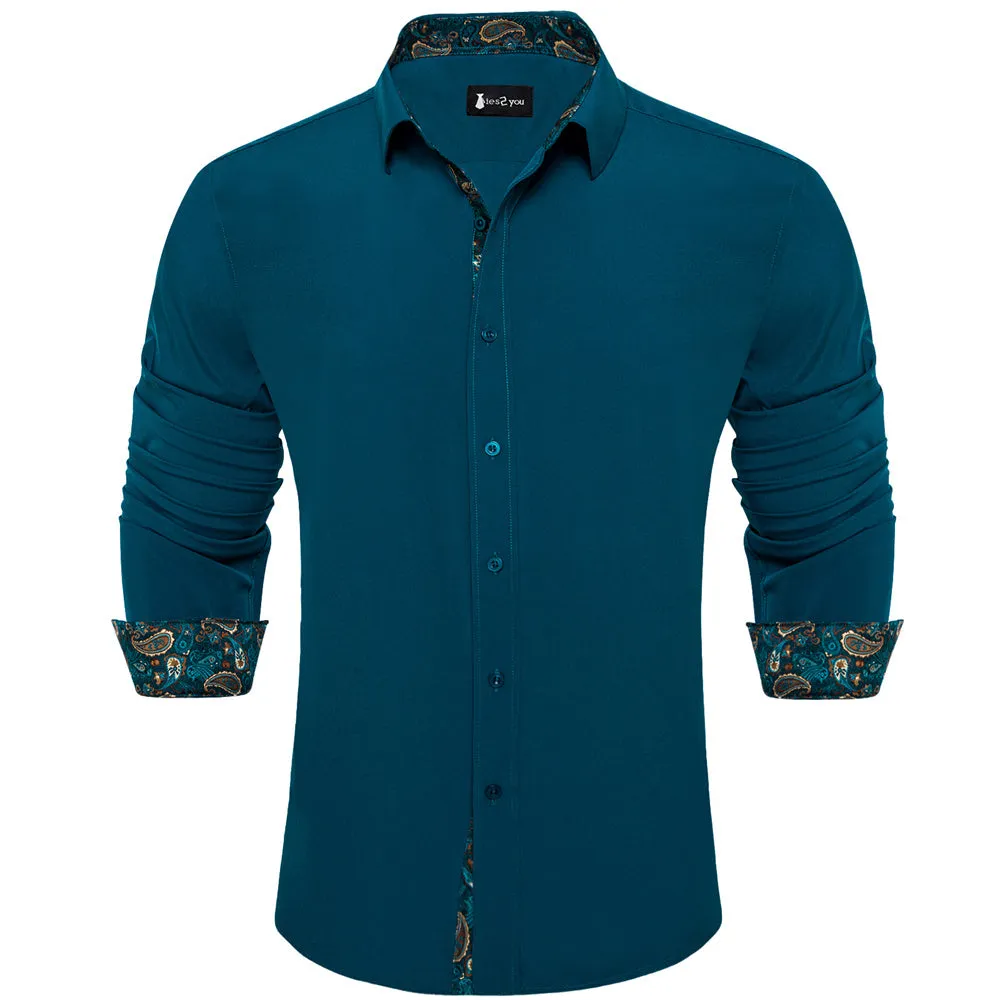 Ties2you Splicing Style Prussian Blue With Gold Paisley Edge Men's Long Sleeve Shirt sold by Ties2You
