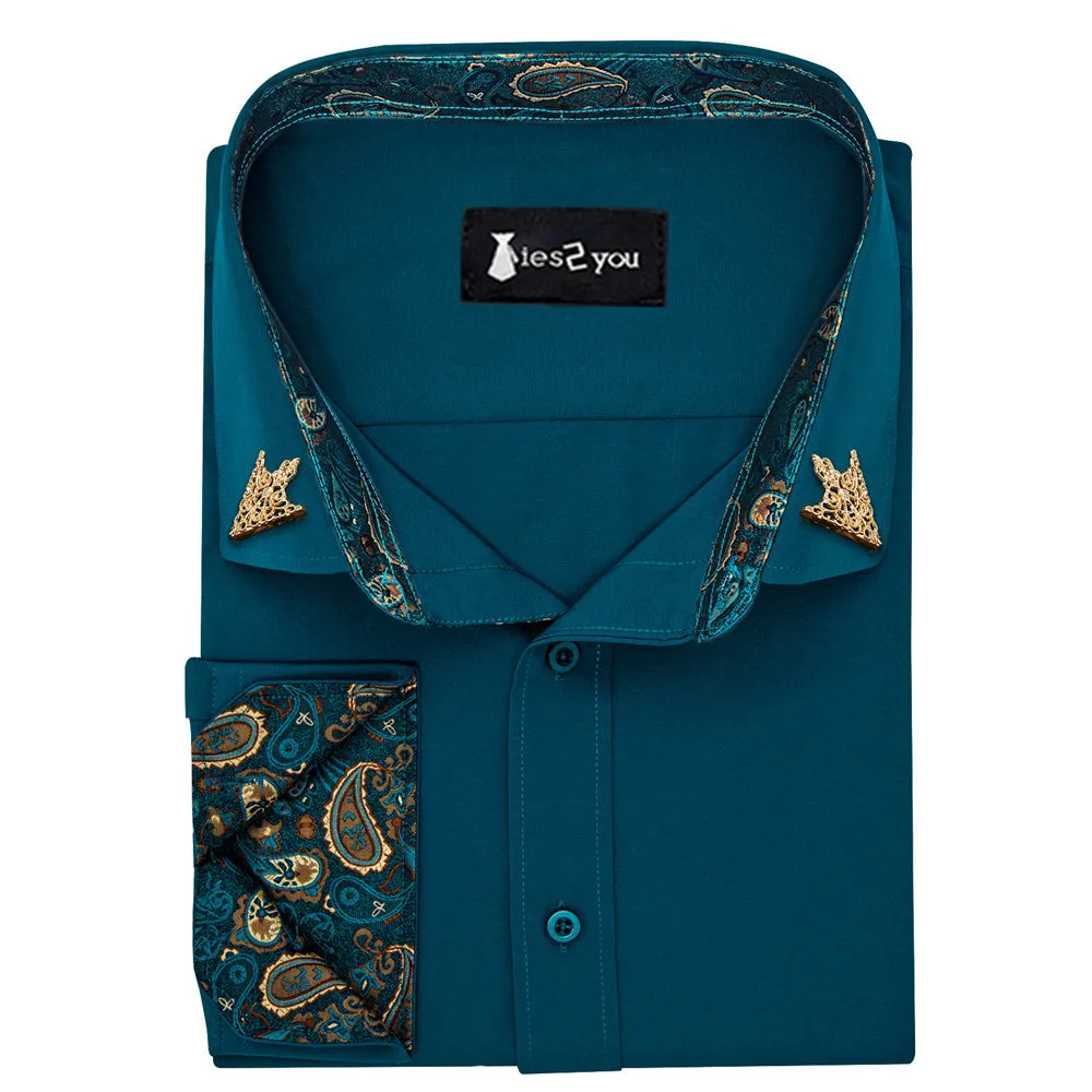 Ties2you Splicing Style Prussian Blue With Gold Paisley Edge Men's Long Sleeve Shirt sold by Ties2You product image thumbnail 2