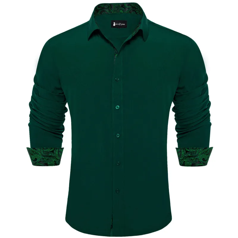 Ties2you Splicing Style Dark Green With Paisley Edge Men's Long Sleeve Shirt sold by Ties2You