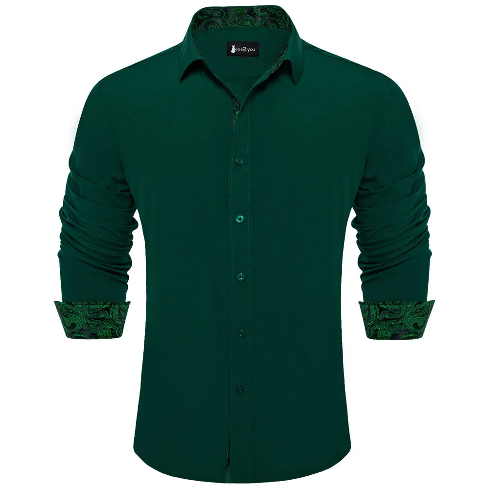 Ties2you Splicing Style Dark Green With Paisley Edge Men's Long Sleeve Shirt sold by Ties2You