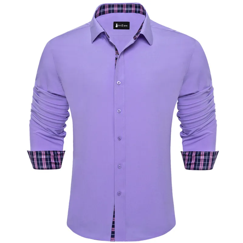 Ties2you Splicing Style Purple With Grey Plaid Edge Men's Long Sleeve Shirt sold by Ties2You