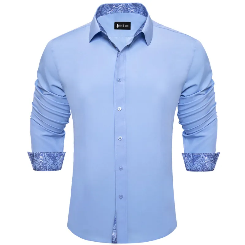 Ties2you Splicing Style Sky Blue With Blue Paisley Edge Men's Long Sleeve Shirt sold by Ties2You