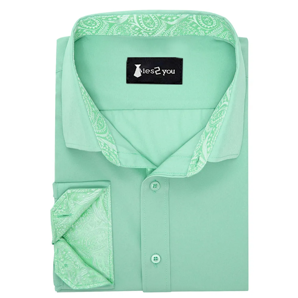 Ties2you Splicing Style Light Green With White Paisley Edge Men's Long Sleeve Shirt sold by Ties2You product image thumbnail 3