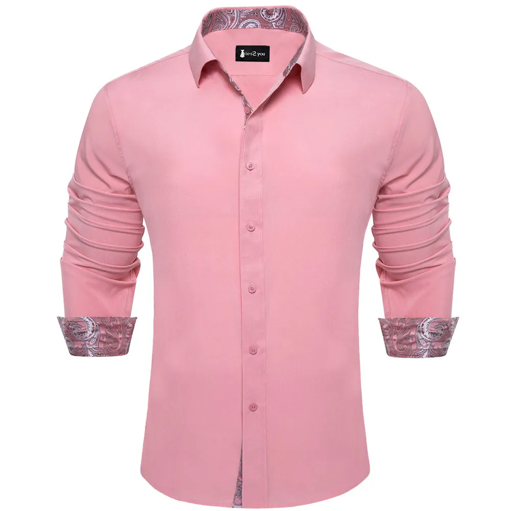 Ties2you Splicing Style Pink With Silver Paisley Edge Men's Long Sleeve Shirt sold by Ties2You