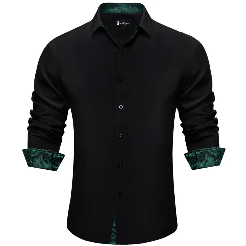 Ties2you Splicing Style Black With Green Paisley Edge Men's Long Sleeve Shirt sold by Ties2You