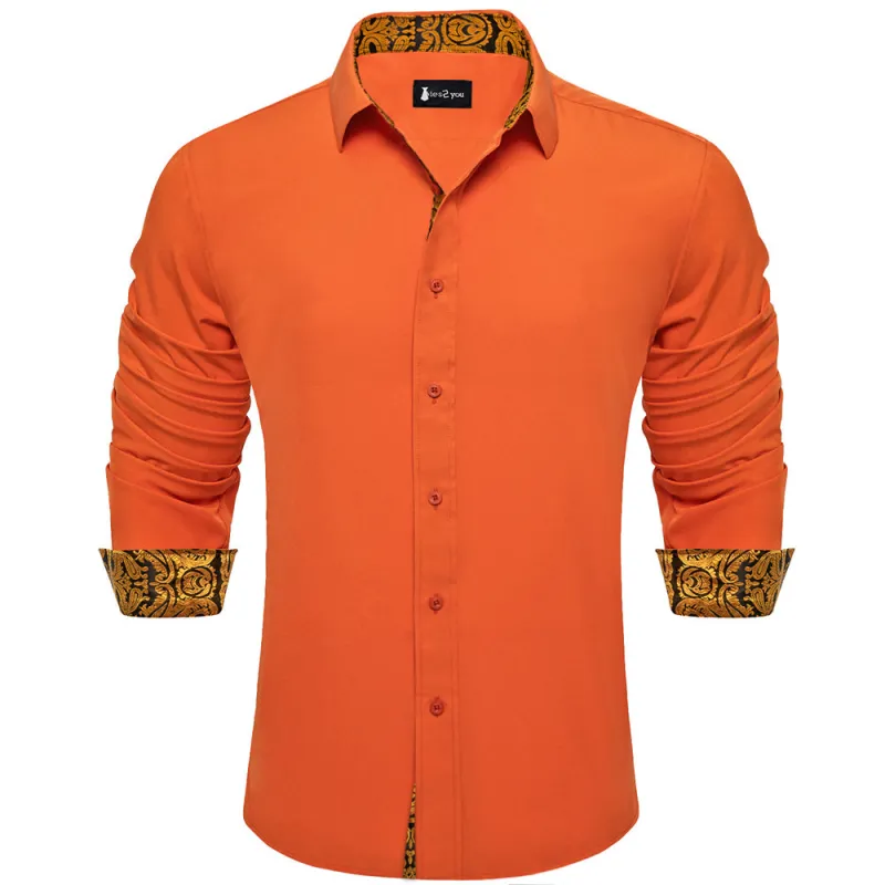 Ties2you Splicing Style Orange With Gold Paisley Edge Men's Long Sleeve Shirt sold by Ties2You