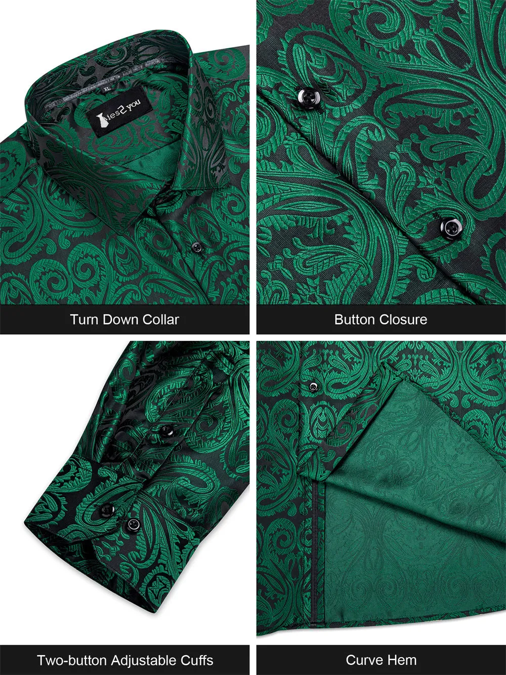Ties2you Dress Shirt Dark Green Paisley Button Up Silk Long Sleeve Men's Shirt sold by Ties2You product image thumbnail 5