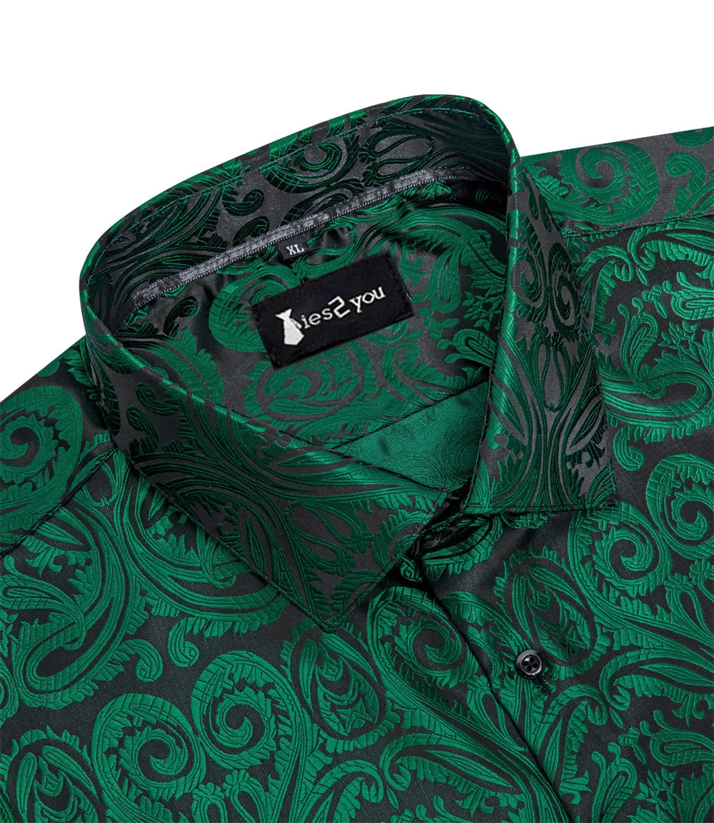 Ties2you Dress Shirt Dark Green Paisley Button Up Silk Long Sleeve Men's Shirt sold by Ties2You product image thumbnail 4