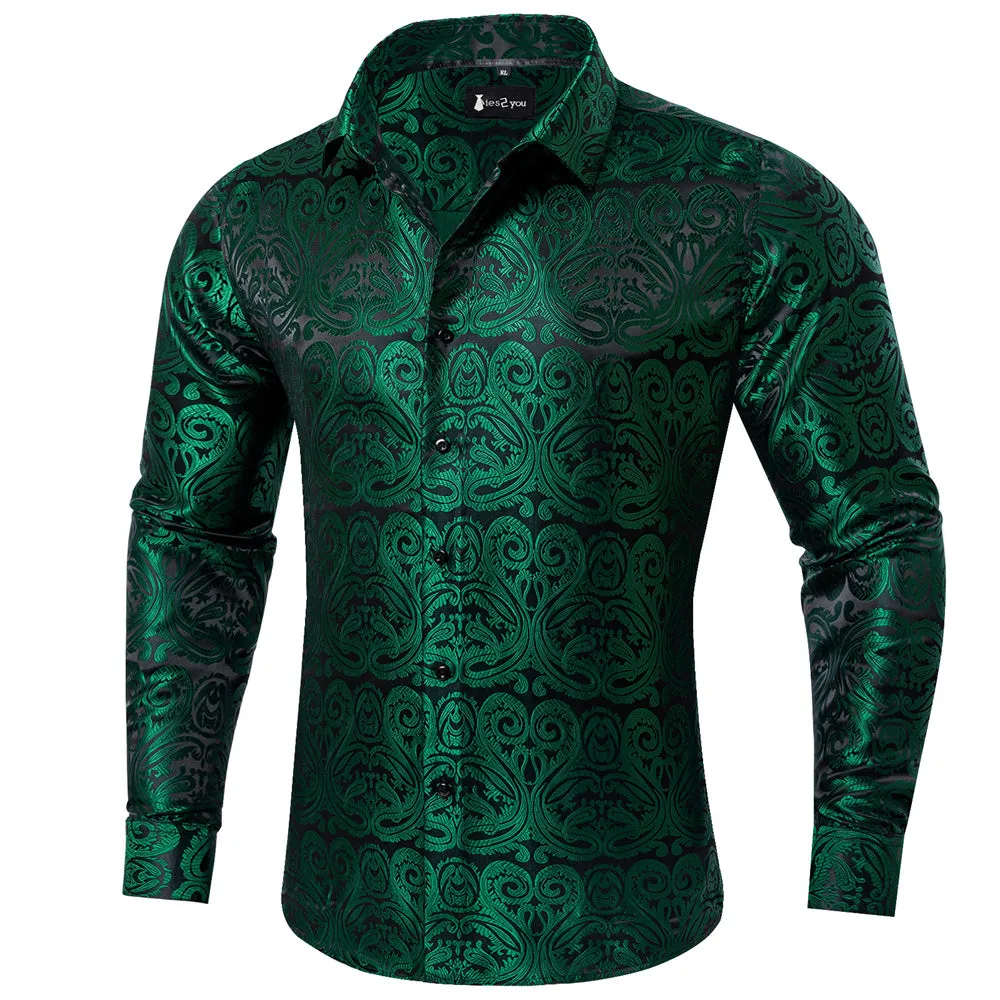 Ties2you Dress Shirt Dark Green Paisley Button Up Silk Long Sleeve Men's Shirt sold by Ties2You product image thumbnail 2