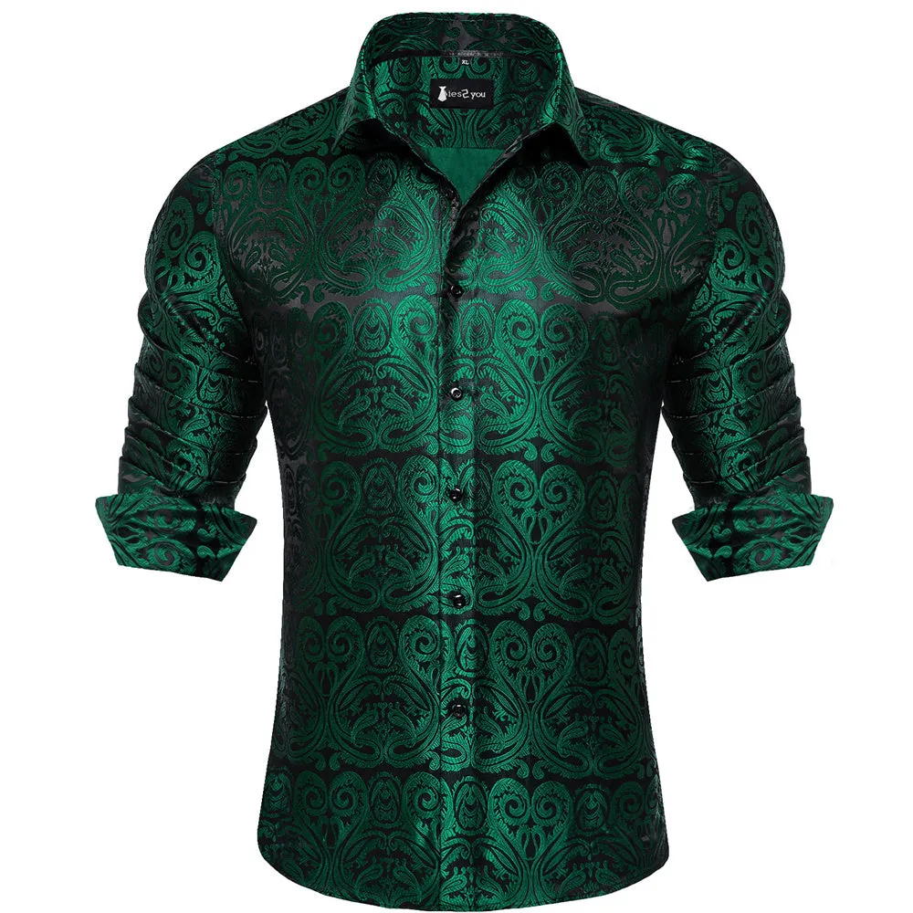Ties2you Dress Shirt Dark Green Paisley Button Up Silk Long Sleeve Men's Shirt sold by Ties2You