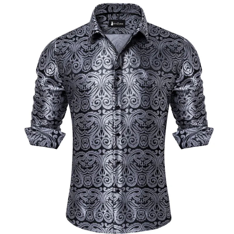 Ties2you Dress Shirt Black Silver Paisley Button Up Silk Long Sleeve Men's Shirt sold by Ties2You