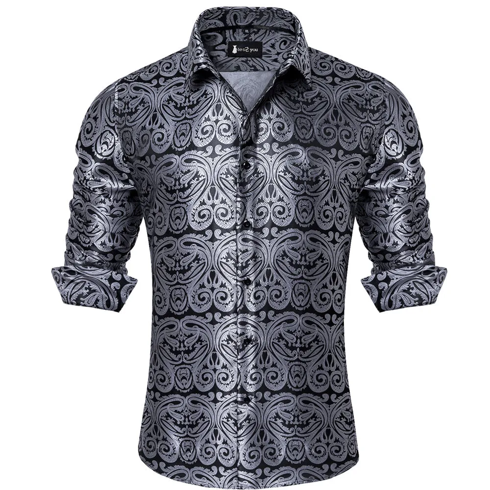 Ties2you Dress Shirt Black Silver Paisley Button Up Silk Long Sleeve Men's Shirt sold by Ties2You