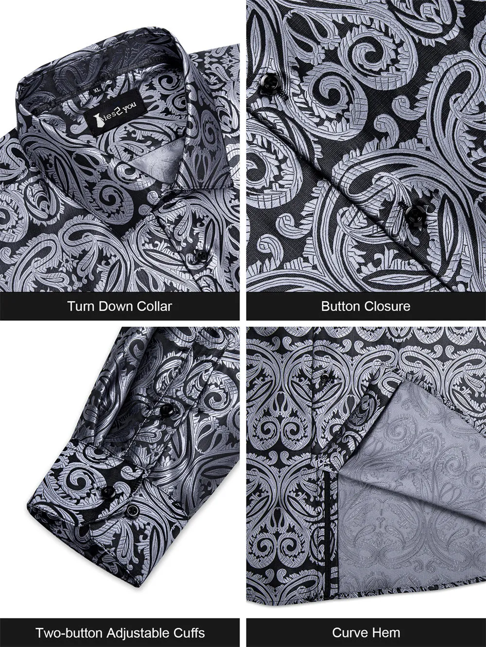 Ties2you Dress Shirt Black Silver Paisley Button Up Silk Long Sleeve Men's Shirt sold by Ties2You product image thumbnail 4
