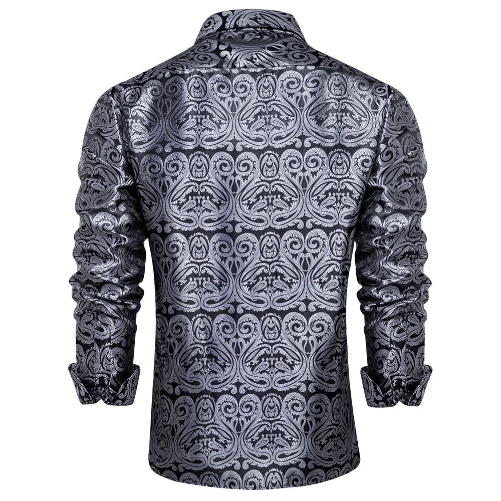 Ties2you Dress Shirt Black Silver Paisley Button Up Silk Long Sleeve Men's Shirt sold by Ties2You product image thumbnail 5