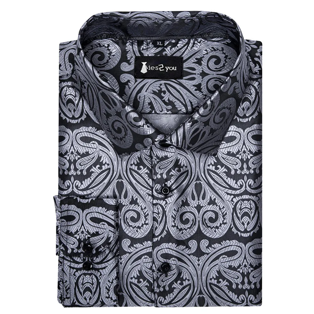 Ties2you Dress Shirt Black Silver Paisley Button Up Silk Long Sleeve Men's Shirt sold by Ties2You product image thumbnail 3