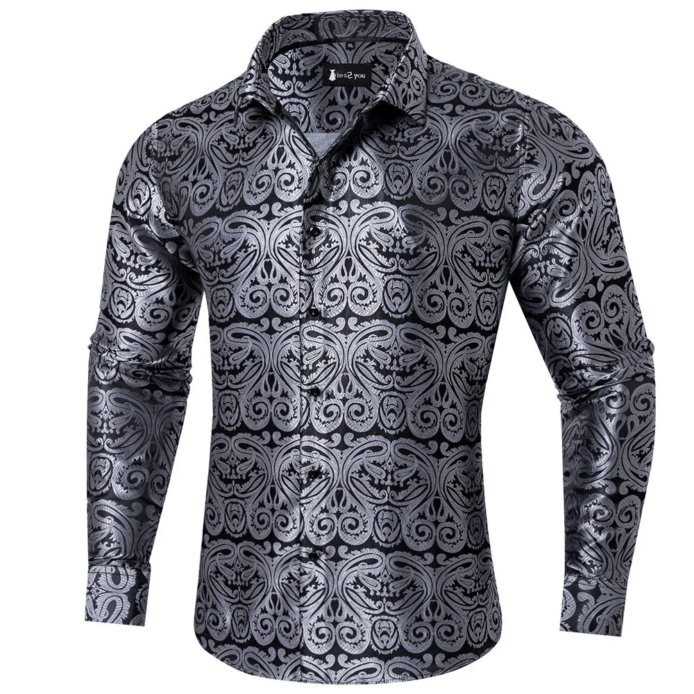 Ties2you Dress Shirt Black Silver Paisley Button Up Silk Long Sleeve Men's Shirt sold by Ties2You product image thumbnail 2