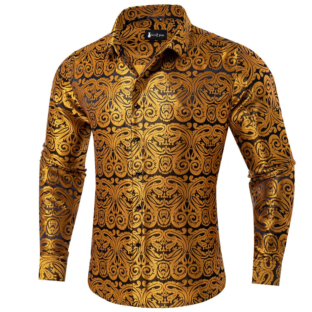 Ties2you Dress Shirt Gold Paisley Button Up Silk Long Sleeve Men's Shirt sold by Ties2You product image thumbnail 2