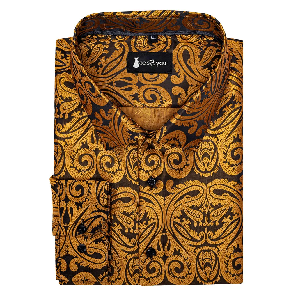 Ties2you Dress Shirt Gold Paisley Button Up Silk Long Sleeve Men's Shirt sold by Ties2You product image thumbnail 3