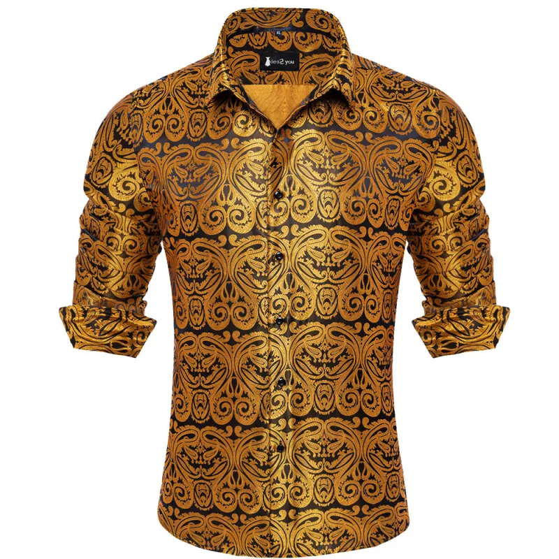 Ties2you Dress Shirt Gold Paisley Button Up Silk Long Sleeve Men's Shirt sold by Ties2You