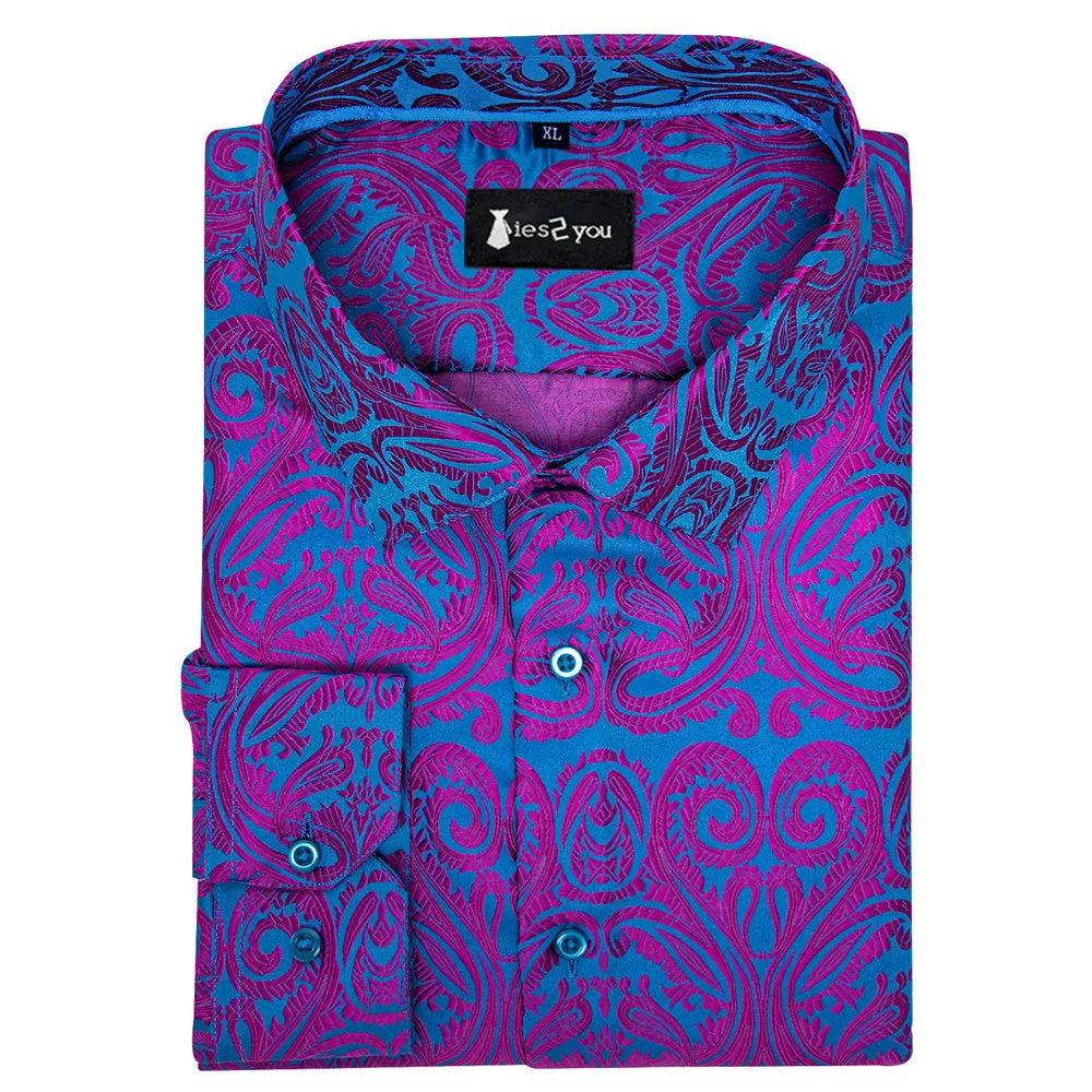 Ties2you Dress Shirt Teal Purple Paisley Button Up Silk Long Sleeve Men's Shirt sold by Ties2You product image thumbnail 3