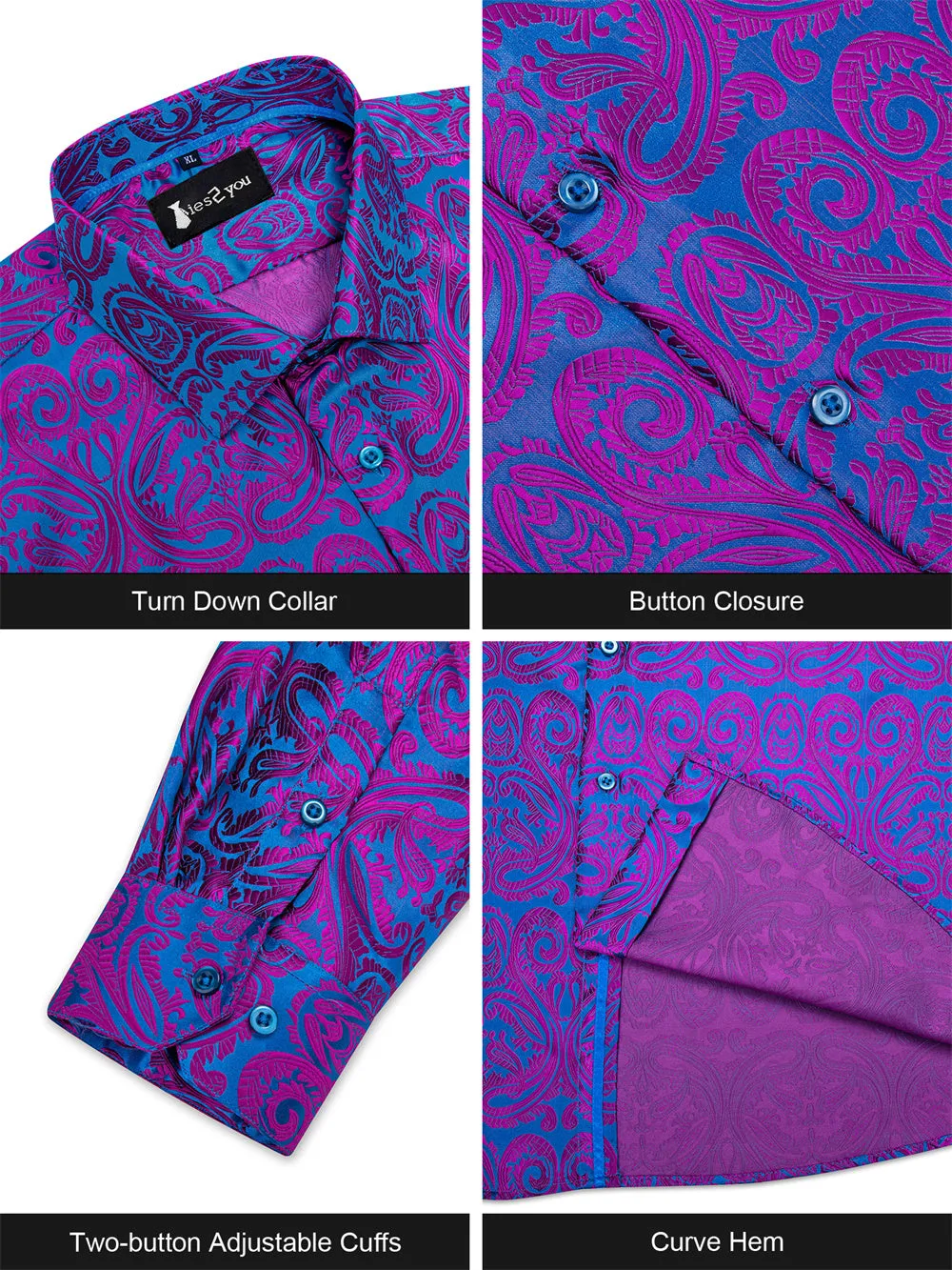 Ties2you Dress Shirt Teal Purple Paisley Button Up Silk Long Sleeve Men's Shirt sold by Ties2You product image thumbnail 5