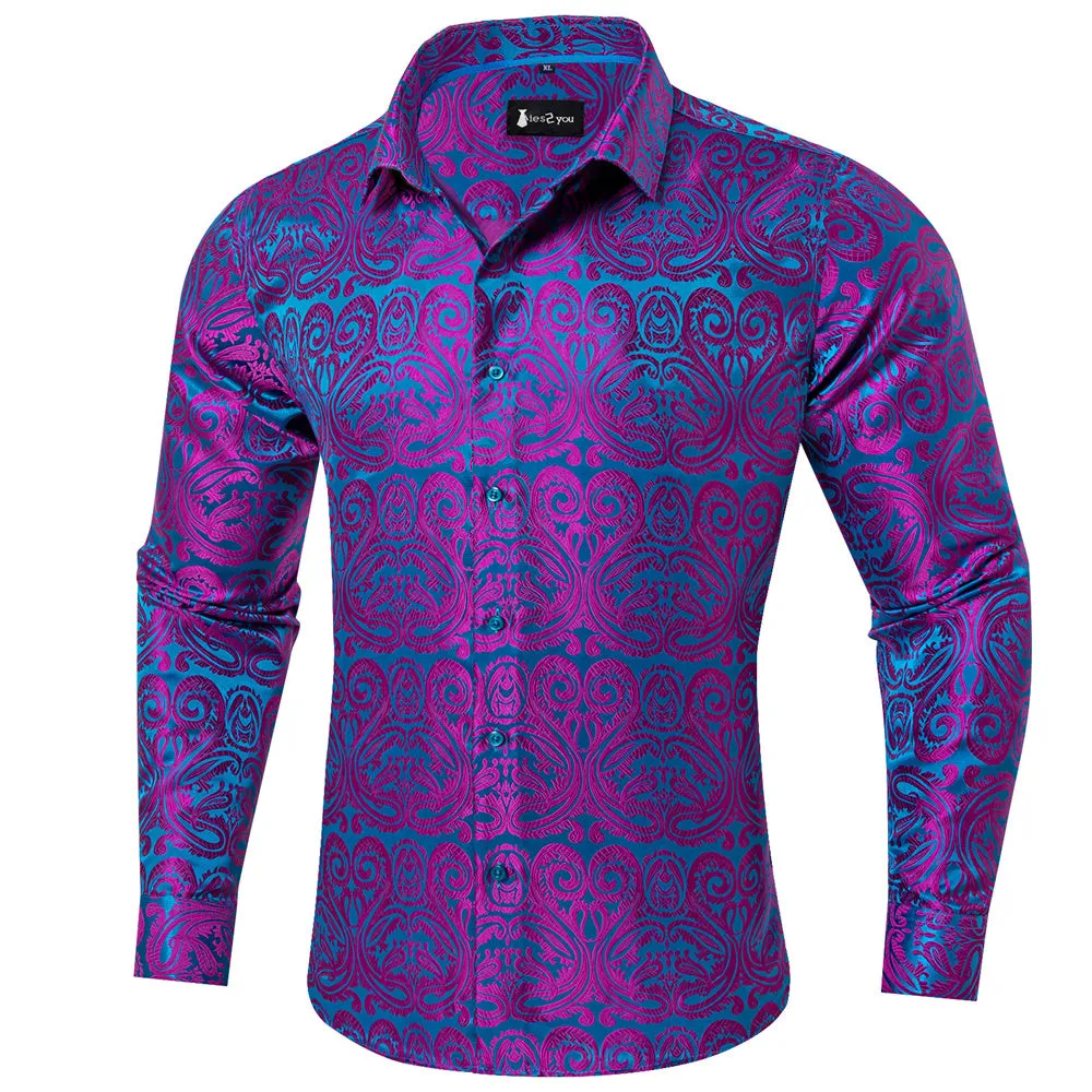 Ties2you Dress Shirt Teal Purple Paisley Button Up Silk Long Sleeve Men's Shirt sold by Ties2You product image thumbnail 2