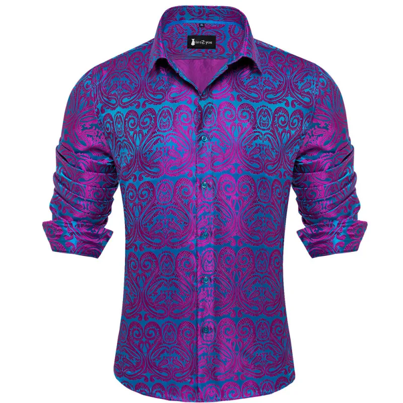 Ties2you Dress Shirt Teal Purple Paisley Button Up Silk Long Sleeve Men's Shirt sold by Ties2You
