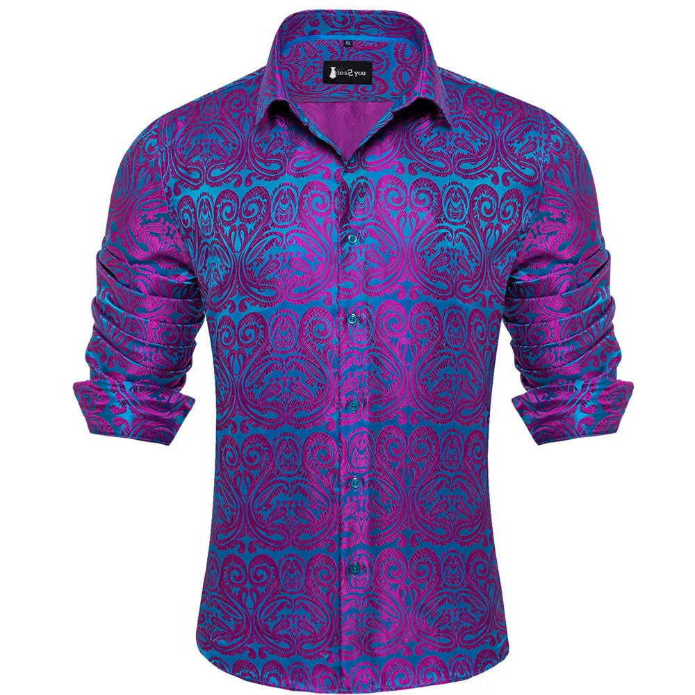 Ties2you Dress Shirt Teal Purple Paisley Button Up Silk Long Sleeve Men's Shirt sold by Ties2You