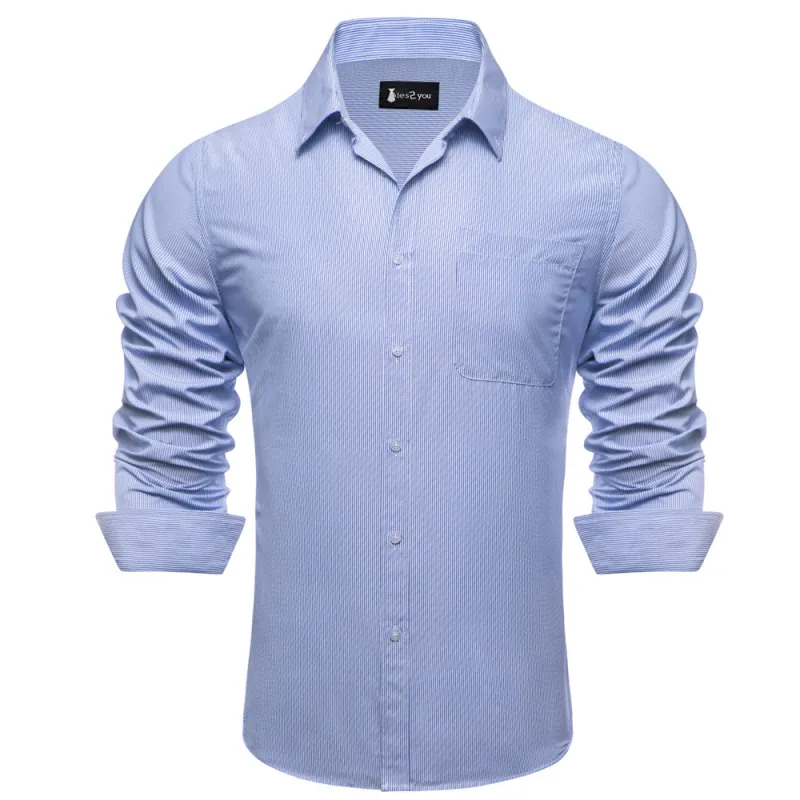 Ties2you Dress Shirt Light Blue Striped Button Up Silk Long Sleeve Men's Shirt sold by Ties2You