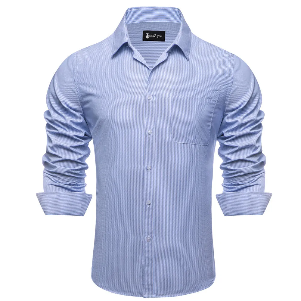 Ties2you Dress Shirt Light Blue Striped Button Up Silk Long Sleeve Men's Shirt sold by Ties2You