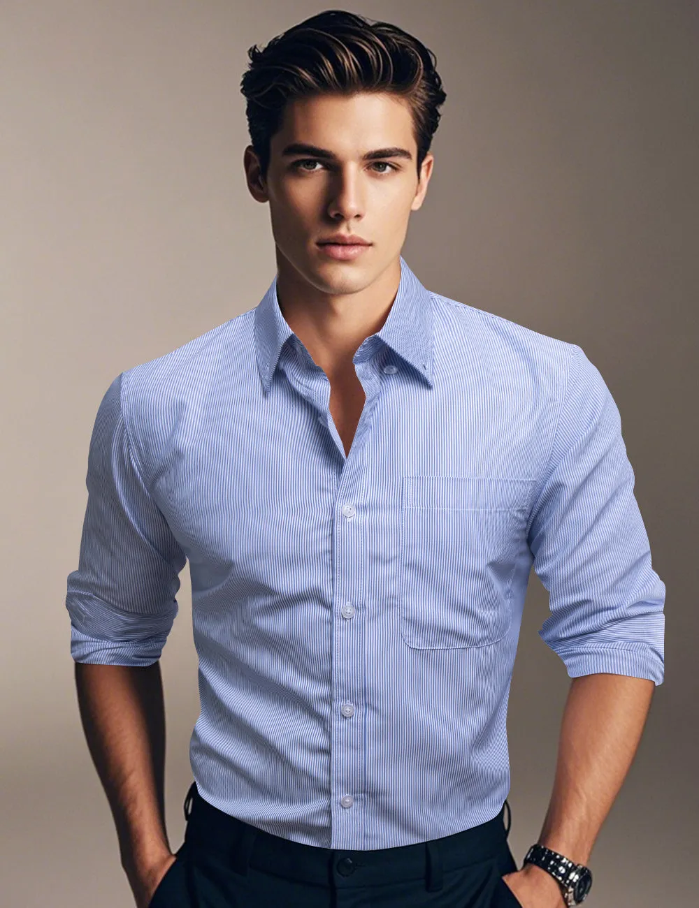 Ties2you Dress Shirt Light Blue Striped Button Up Silk Long Sleeve Men's Shirt sold by Ties2You product image thumbnail 2