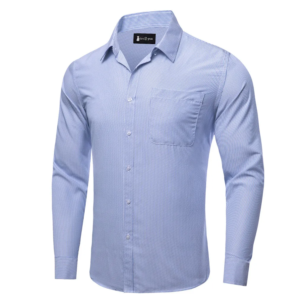 Ties2you Dress Shirt Light Blue Striped Button Up Silk Long Sleeve Men's Shirt sold by Ties2You product image thumbnail 3