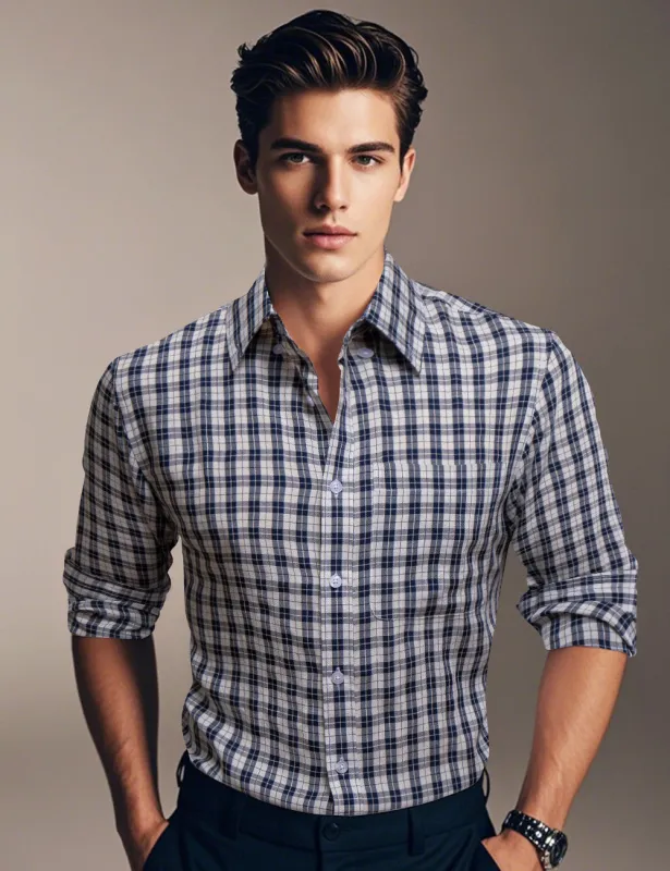 Ties2you White Grey Plaid Button Up Silk Long Sleeve Men's Shirt sold by Ties2You