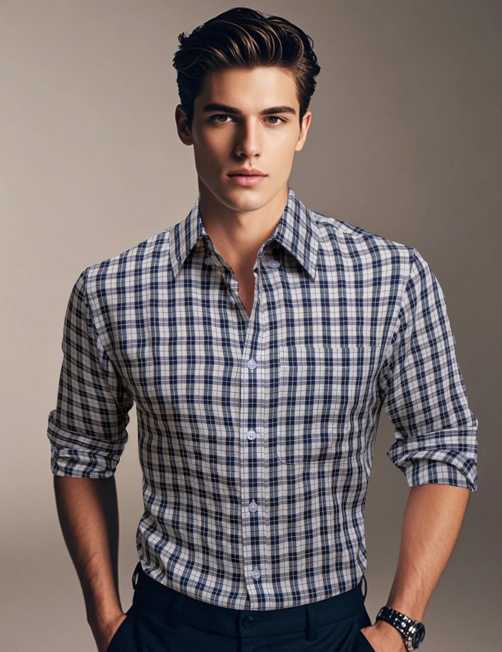 Ties2you White Grey Plaid Button Up Silk Long Sleeve Men's Shirt sold by Ties2You